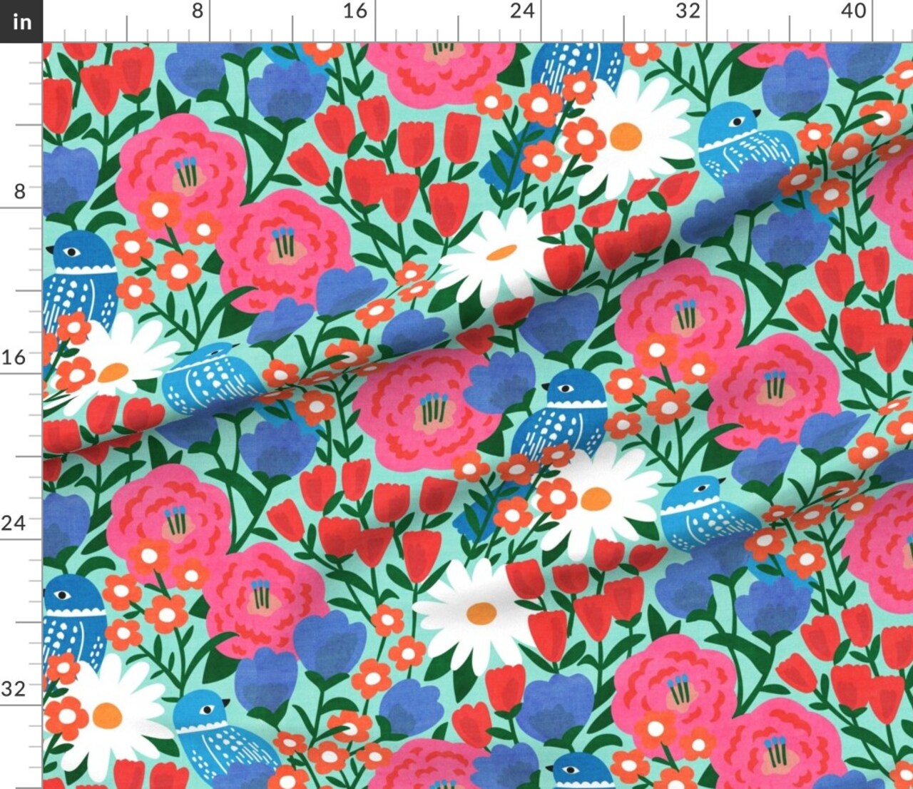 Retro Scandi Floral Botanical Birds Colorful Tulips Daisies Folk Art Scandinavian Midcentury Modern Mcm Blue Red Pink Large Scale Bold Faux Custom Printed Fabric by Spoonflower Various Fabrics by the Yard or Fat Quarter